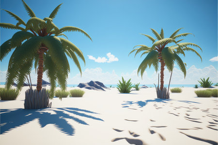Sea summer sunlight background in cartoon design with white sand beach, palm leaves, coconut tress. Finest generative AI.の素材