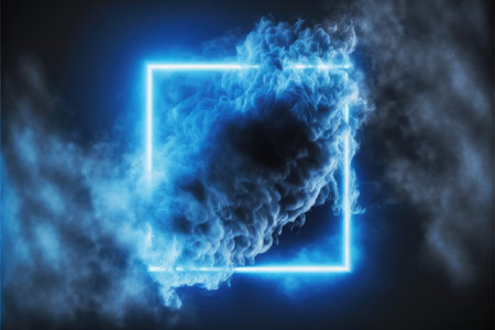Abstract of glowing smoke square frame illuminated with neon light on darkness sky view. Concept of futuristic minimal geometric shape in paradise. Finest generative AI.の素材