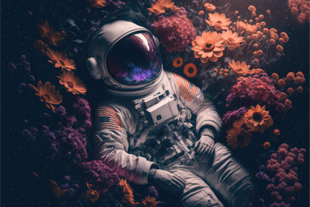 Astronaut laying in the colorful flower garden with top view. Concept of the relaxation in space cinematic fantasy dark light. Finest generative AI.の素材