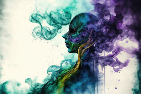 Abstract art in colorful watercolor with floating smoke isolated on vintage background. Concept of technique brushing color design. Finest generative AI.の素材