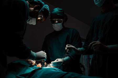 Surgical team performing surgery to patient in sterile operating room. In a surgery room lit by a lamp, a professional and confident surgical team provides medical care to an unconscious patient.の写真素材