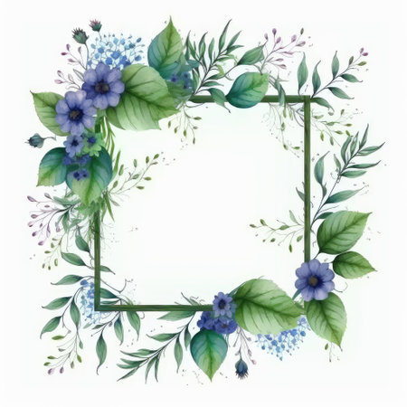 Square frame of blue flower and green leaves with watercolor painting isolated on white background. Theme of vintage minimal art design in geometric. Finest generative AI.の素材