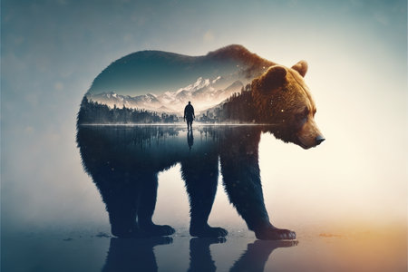 Wondrous brown grizzly bear in outdoor double exposure with natural taiga forest mountain background design as concept of adventure and exploring nature with peaceful environment. Generative AIの素材
