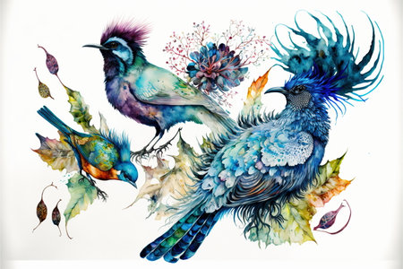 Wondrous watercolor painting illustration of colorful birds perched on tree branch with foliage and flowers on isolated background. Nature and wildlife in hand painting style by Generative AI.の素材