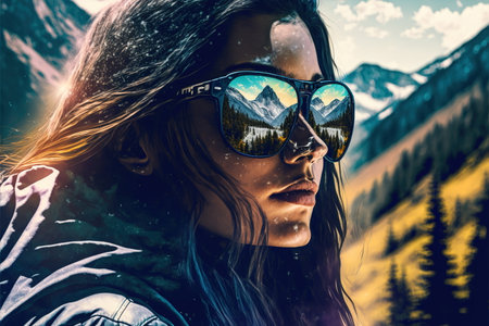 Adventure and natural travel in the wondrous mountain landscape and beautiful sky concept portrayed by young woman wearing sunglasses with reflection of the nature environment by Generative AI.の素材