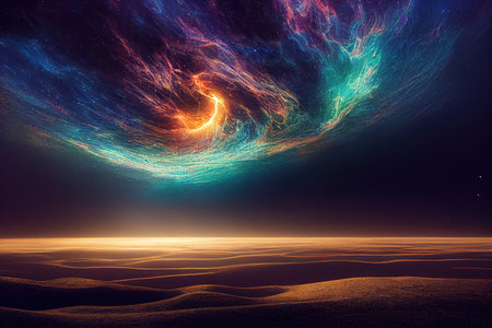 Splendid scenic outer space vibrant color starry galaxy universe in bizarre and fantasy cosmical light in digital art generative AI background. Colorful light in the deep space wallpaper.の素材