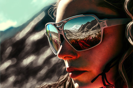 Young female cyclist portrait wearing sunglasses with wondrous reflection of natural environment of mountain landscape and beautiful sky, Fitness and extreme sport in the peak concept Generative AIの素材