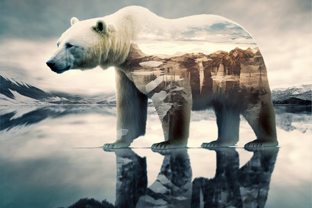 Wondrous image shown by polar bear suffer due to melting ice caused by the impact of climate change on double exposure of global warming turning arctic hotter in background by Generative AI.の素材