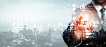 Businessman analyst working with digital finance business data graph showing technology of...