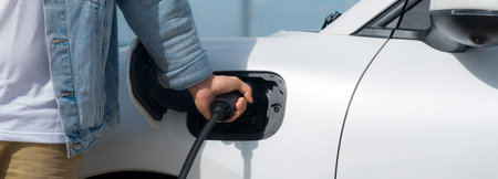 Progressive man with his electric car, EV car recharging energy from charging station on green field...
