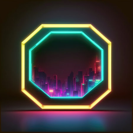 Futuristic of neon glowing in hexagon shape of cityscape. Concept of colorful cyberpunk in building view with digital design. Finest generative AI.の素材