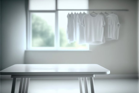Focus white empty table with blurred laundry background. Concept of blank space for advertising product. Finest generative AI.の素材