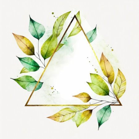 Triangle frame of green and golden leaves with watercolor painting isolated on white background. Theme of vintage minimal art design in geometric. Finest generative AI.の素材