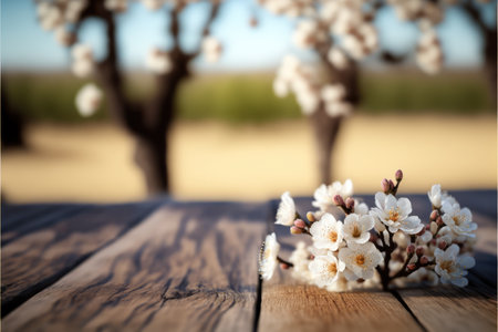 Focus empty wood table in blossom flower with blurred natural tree background. Concept of blank space for advertising product. Finest generative AI.の素材
