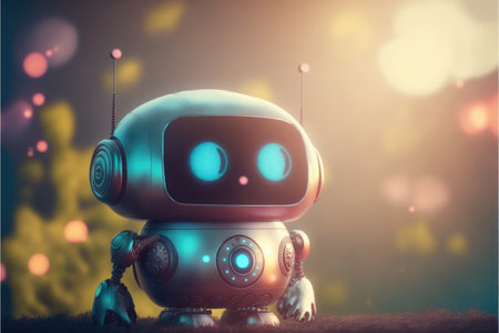 Cute chat robot assistance isolated on colorful blur background. Concept of future robotic innovation. Finest generative AI.の素材