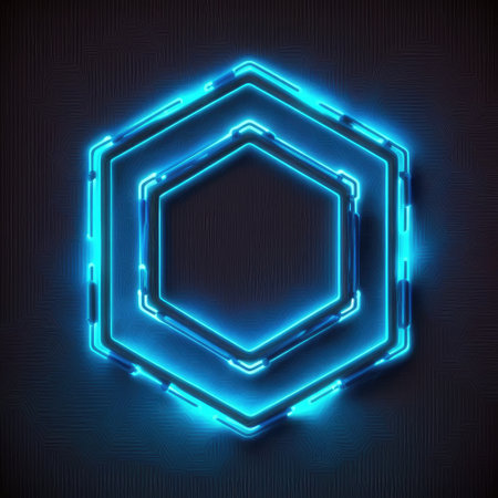 Innovation of hexagon border frame with blue neon light effects overlapped geometry in concept. Finest generative AI.の素材