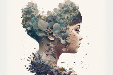 Wondrous double exposure portrait of woman in hand-painted style with watercolor of acrylics, featuring of natural decorative beautiful flowers on her head by Generative AI.の素材
