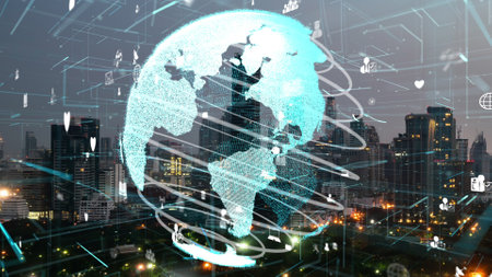 Global connection and the internet network alteration in smart city . Concept of future wireless digital connecting and social media networking .の写真素材