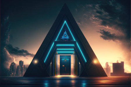 The world revolution of through triangle modernism future portal. Background of skyscraper with moon spotlight. Finest generative AI.の素材