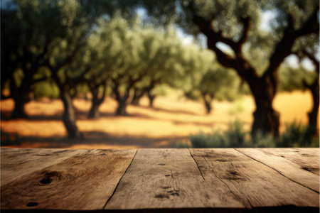 Focus empty wood table with blurred natural olive tree background. Concept of blank space for advertising product. Finest generative AI.の素材