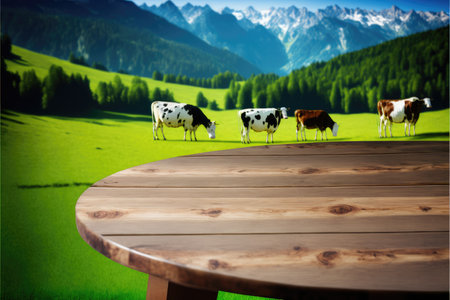 Focus empty wood table with blurred natural tree and cow with meadow background. Concept of blank space for advertising product. Finest generative AI.の素材
