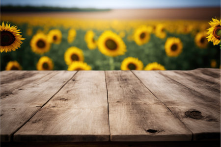 Focus empty wood table with blurred sunflower tree background. Concept of blank space for advertising product. Finest generative AI.の素材