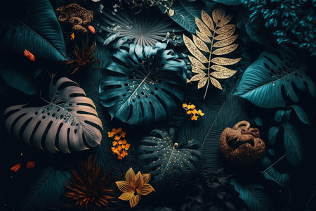 Luxury tropical leaves plant and foliage exotic background abstract of dark botany . Admirable Generative AI image .の素材