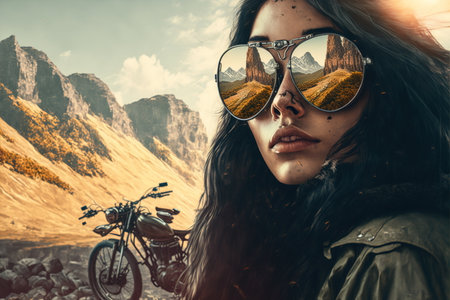 Wondrous portrait of motorcycle female rider with sunglasses and reflection of the environment in mountain landscape, Natural adventurous touring on road trip with motorbike concept by Generative AI.の素材