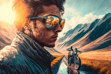 Wondrous portrait of motorcycle rider with sunglasses and reflection of the environment in mountain landscape, Natural adventurous touring on the road trip with motorbike concept by Generative AI.の素材