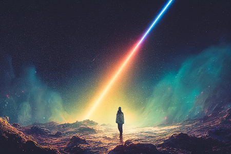 Splendid scenic night of vibrant color starry galaxy universe in bizarre sky horizon with a person on the ground. A man with background of space and cosmical light in digital art generative AIの素材