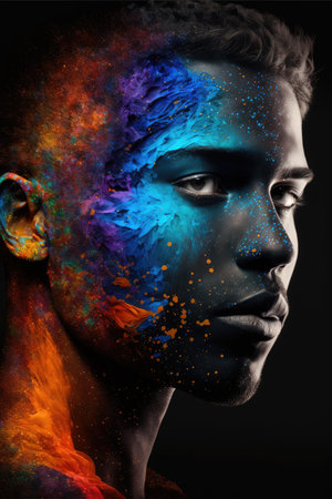 Abstract art in portrait colorful double exposure makeup. Inspiration of staggering multicolor splashing technique design. Finest generative AI.の素材