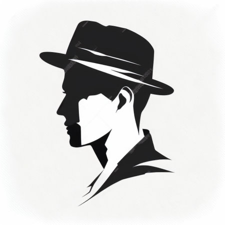 Designed graphic contouring monochrome in wearing hat man. Concept of smart trendy dramatic characteristic profile isolated on white background. Finest generative AI.の素材