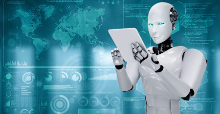 Robot hominoid using tablet computer for big data analytic using AI thinking brain , artificial intelligence and machine learning process for the 4th fourth industrial revolution . 3D rendering.の写真素材