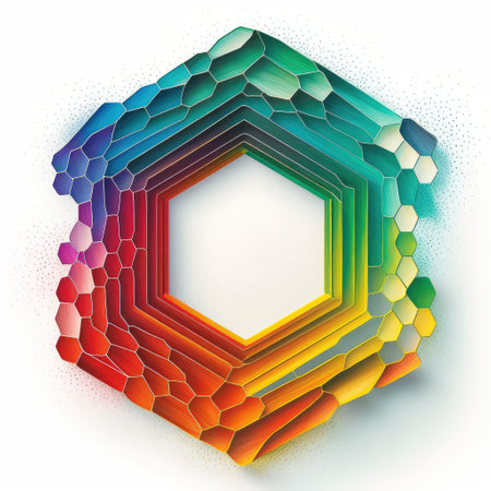 Empty hexagon frame on white background. Concept of overlapped mystery colorful watercolor box. Finest generative AI.の素材