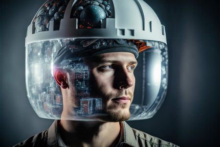 Electrical engineering concept design. electrician or engineer wear hardhat with double exposure effect on his head feature with wondrous electric circuit or wire pattern texture by Generative AI.の素材