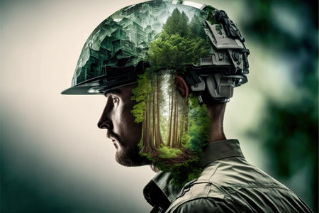 Wondrous double exposure of agronomist wearing hardhat with natural forest landscape and greenery tree as concept of sustainability energy and environmental engineering technology by Generative AI.の素材