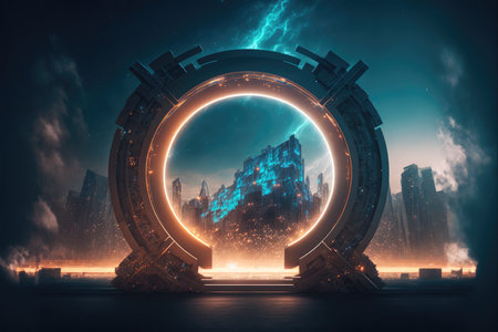 The world revolution of through circle future portal. Background of skyscraper with moon spotlight. Finest generative AI.の素材