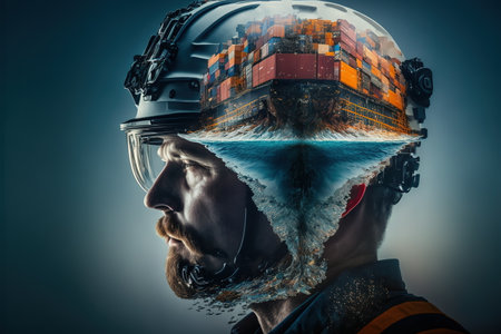 Modern sea-borne and naval engineering concept. Wondrous portrait of ambitious engineer and cargo ship with containers double exposure. Concept of supply chain and goods shipping by Generative AI.の素材
