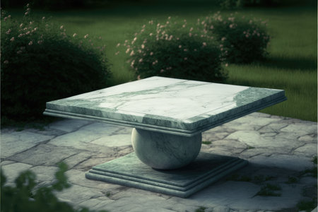 Empty marble table in natural green garden outdoor. Product placement with sunday light. Finest generative AI.の素材