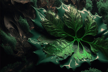 Luxurious green leaf from tropical with fantasy macro texture in glossy rock shape with wondrous fairytale natural leaves background by Generative AI.の素材