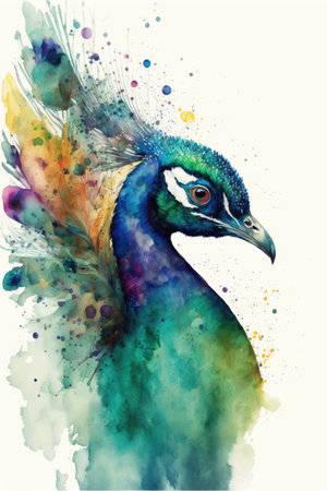 Close-up watercolor painting of sideways peacock artwork. Concept of splashing mixed color abstract bird. Finest generative AI.の素材