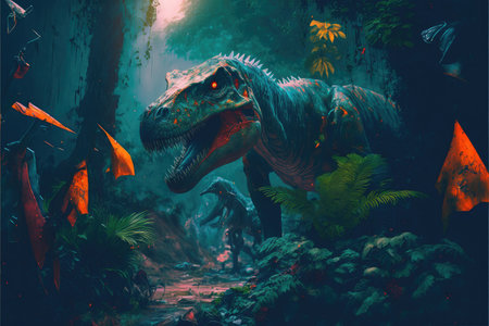 Fantasy in dinosaur or predator in the deep jungle scenery. Concept of prehistoric landscape in the Jurassic period of living life. Finest generative AI.の素材