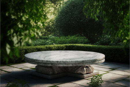 Empty marble table in natural green garden outdoor. Product placement with sunday light. Finest generative AI.の素材