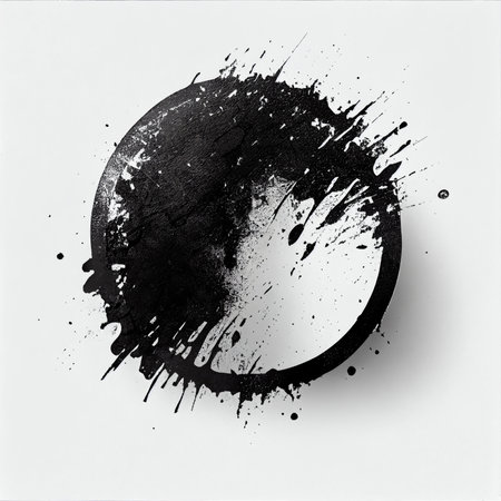 Abstract of black grunge circle fresh isolated on white background. Concept of painting technique. Finest generative AI.の素材