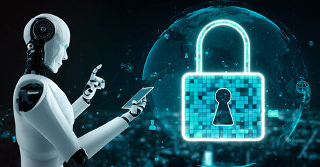 AI robot huminoid uses cloud computing technology to store data on online server . Futuristic concept of cloud information storage analyzed by machine learning process . 3D rendering .の写真素材