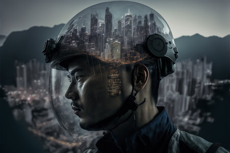 Civil engineer portrait as concept for building construct by professional with hardhat helmet engineer with wondrous double exposure of cityscape, urban with background of skyscraper by generative AIの素材