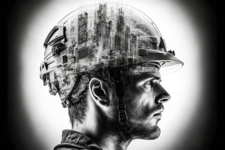 Civil engineer portrait as concept for building construct by professional with hardhat helmet engineer with wondrous double exposure of cityscape, urban with background of skyscraper by generative AIの素材