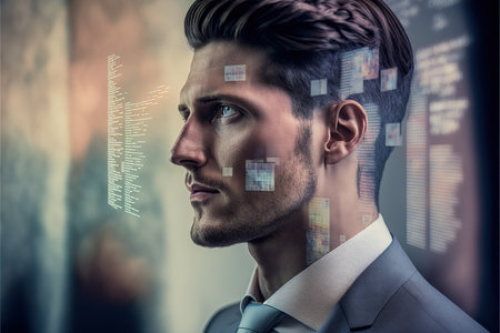 Wondrous visually business intelligence database code double exposure on portrait of pensive businessman wearing black suit as concept of modern analytic businesspeople by Generative AI.の素材