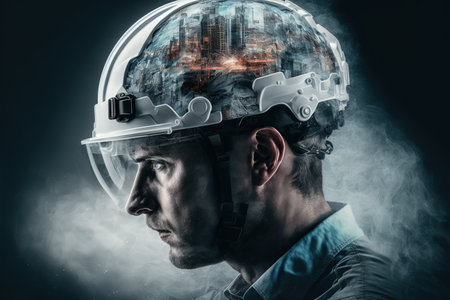 Technological engineer portrait ensuring high-quality and precise production quota on factory assembly line in wondrous double exposure. Manufacturing engineering technology concept by Generative AI.の素材