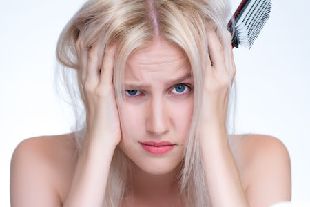 Closeup personable beauty fresh clean skin woman having dry hair problem. Frustrated facial expression concept of damaged hair loss for shampoo ads in copyspace isolated background.の写真素材